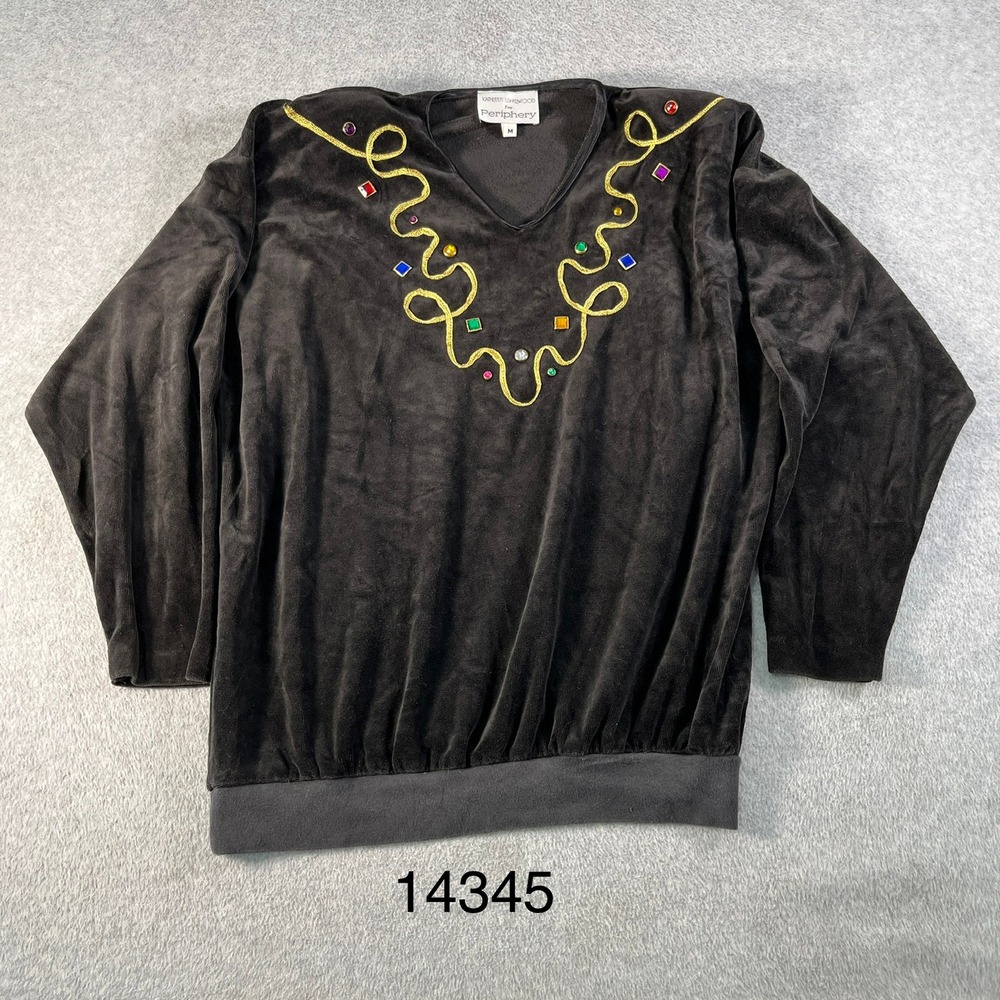 Periphery Velour Top Womens Medium Black Excellent Gemstone Gold Trim V-Neck